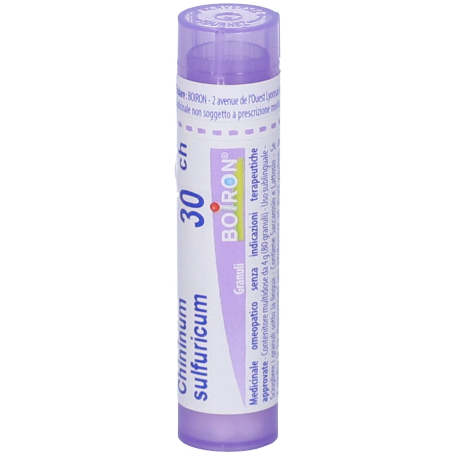 Confezione cilindrica viola con testo bianco. Contiene Chininum sulfuricum 30 ch Granuli di Boiron.