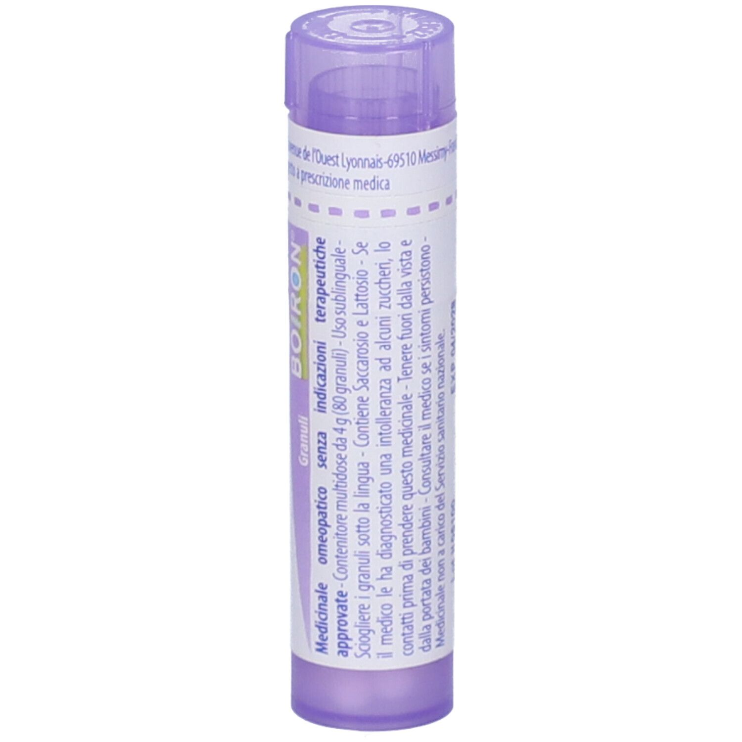 Confezione cilindrica viola con testo bianco. Contiene Chininum sulfuricum 30 ch Granuli di Boiron.