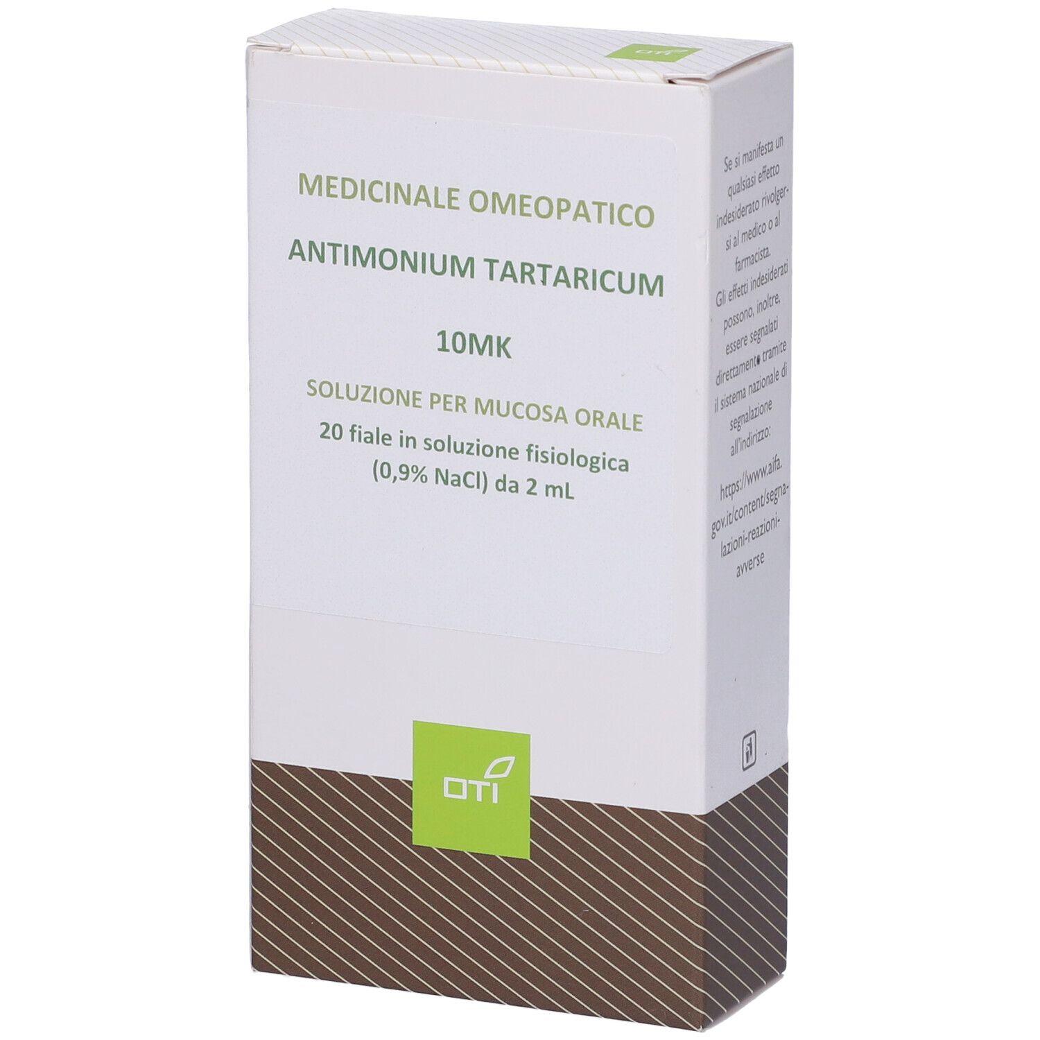 Scatola "Antimonium Tartaricum 10MK". 20 fiale in soluzione fisiologica. Logo OTI.