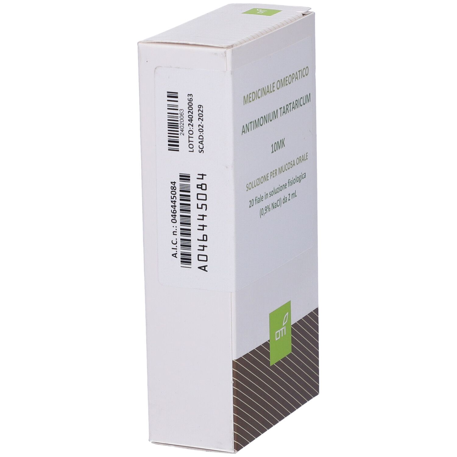 Vista laterale della scatola "Antimonium Tartaricum 10MK". Codice a barre e numero di lotto visibili.