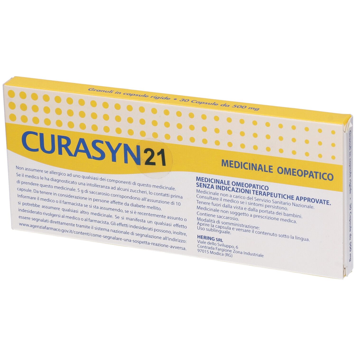 Scatola con "CURASYN 21". Coperchio giallo con testo. "30 Capsule da 500 mg".