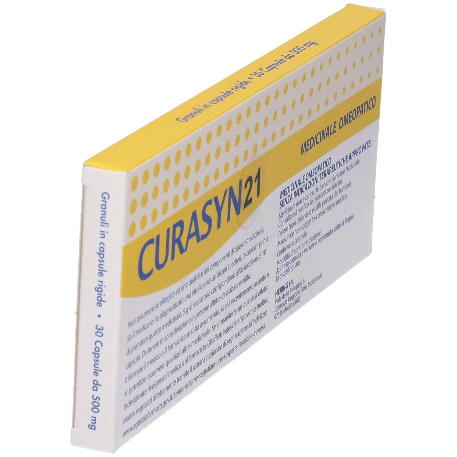 Scatola con "CURASYN 21". Coperchio giallo con testo. "30 Capsule da 500 mg".