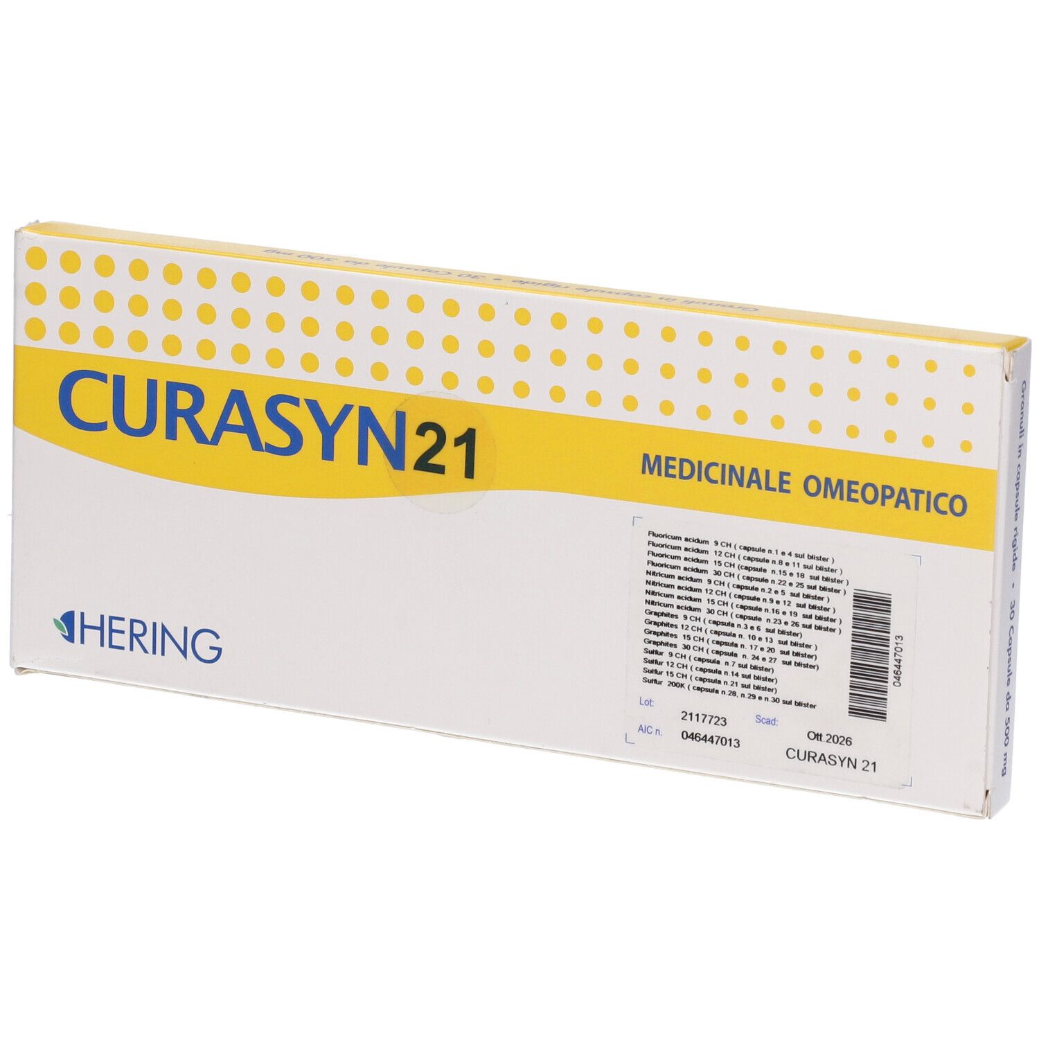 Scatola con "CURASYN 21". Coperchio giallo con testo. "30 Capsule da 500 mg".