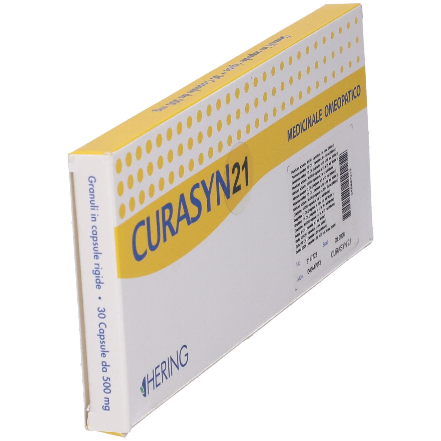 Scatola con "CURASYN 21". Coperchio giallo con testo. "30 Capsule da 500 mg".