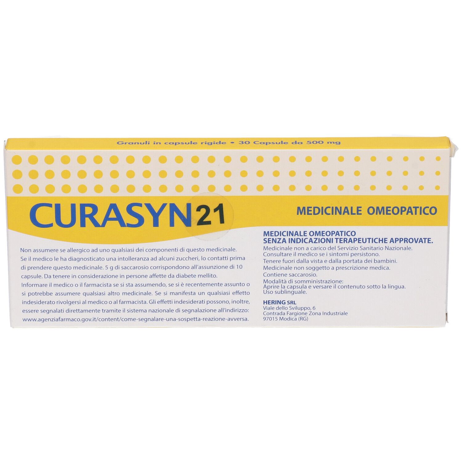 Scatola con "CURASYN 21". Coperchio giallo con testo. "30 Capsule da 500 mg".