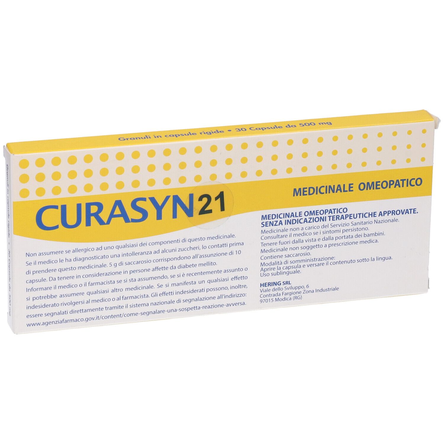 Scatola con "CURASYN 21". Coperchio giallo con testo. "30 Capsule da 500 mg".