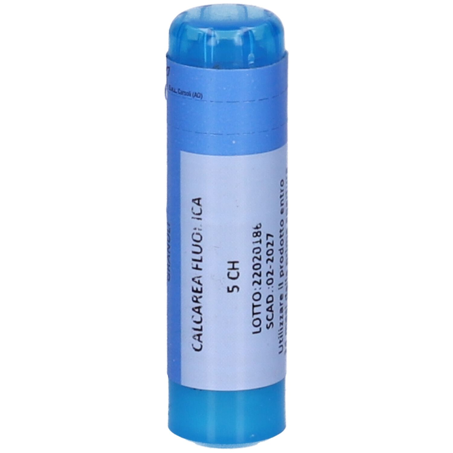 Contenitore cilindrico blu con etichetta bianca. Testo: Calcarea Fluorica 5 CH, LOTTO e data di scadenza.