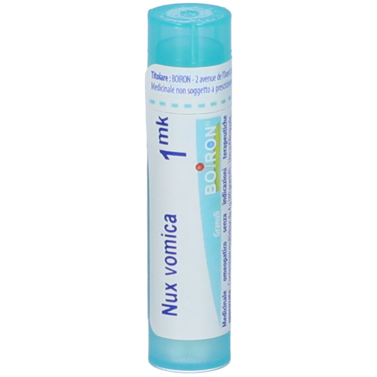 Confezione cilindrica blu. Scritta: Nux vomica, 1 mk, Boiron. Granuli, omeopatici.