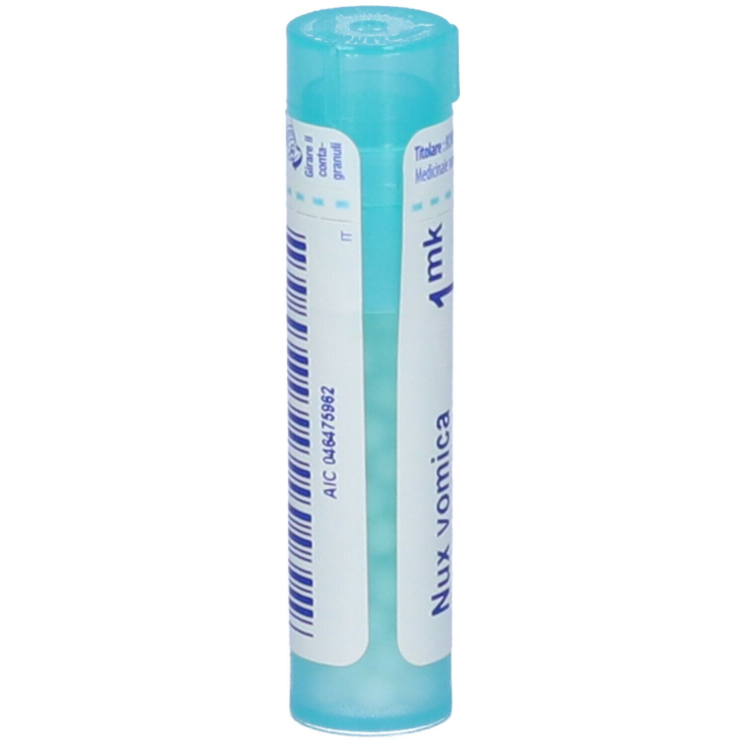 Confezione cilindrica blu. Scritta: Nux vomica, 1 mk. Etichetta con codice a barre e testo.
