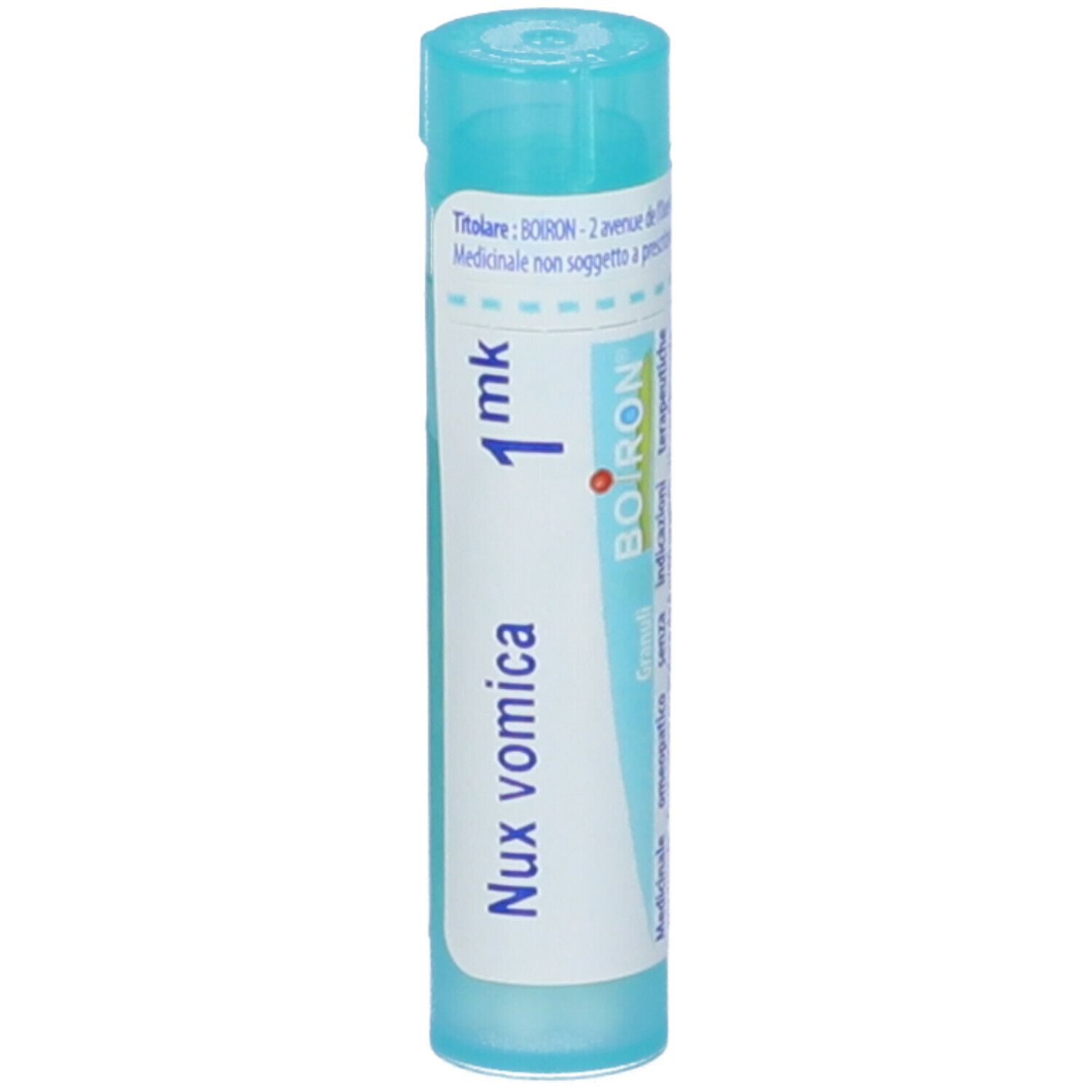 Confezione cilindrica blu. Scritta: Nux vomica, 1 mk, Boiron. Granuli.