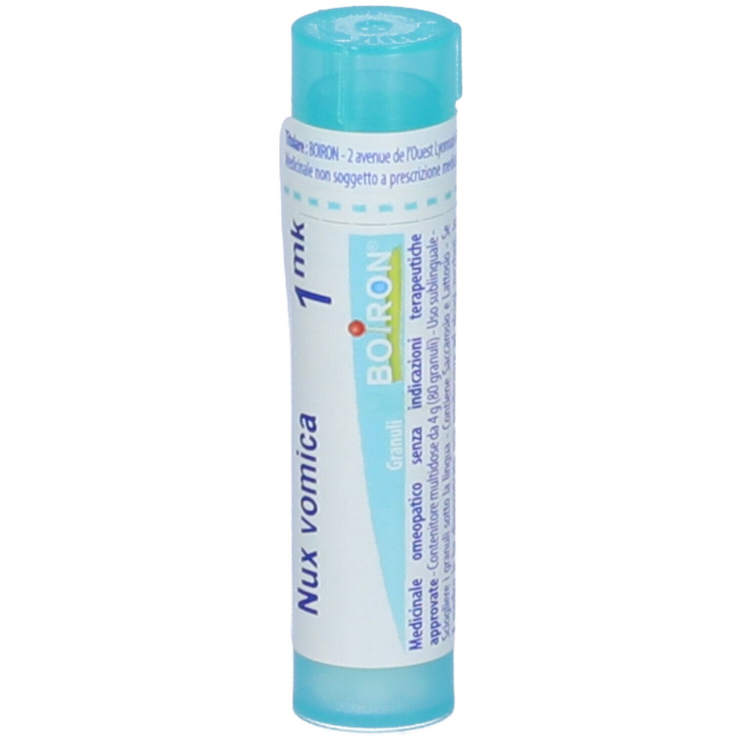 Confezione cilindrica blu. Scritta: Nux vomica, 1 mk, Boiron. Granuli, terapeutici.