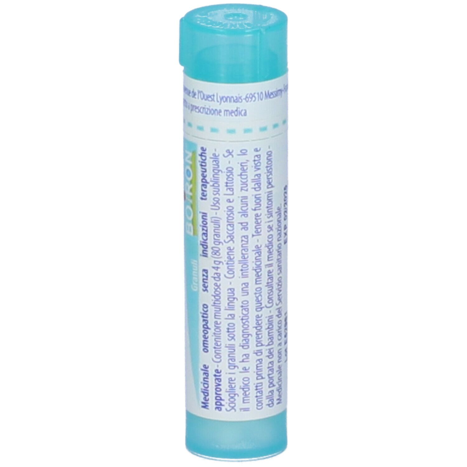 Confezione cilindrica blu. Scritta: Nux vomica, 1 mk, Boiron. Granuli, omeopatici.