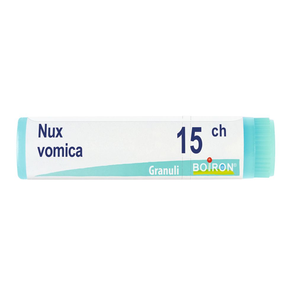Contenitore cilindrico con tappo azzurro. Scritta: Nux vomica, 15 ch, Granuli, BOIRON.