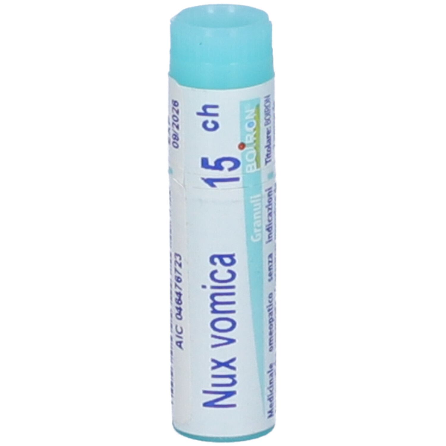 Contenitore blu. Scritta: Nux vomica, 15 ch, BOIRON, Granuli. Scadenza 09/2026.