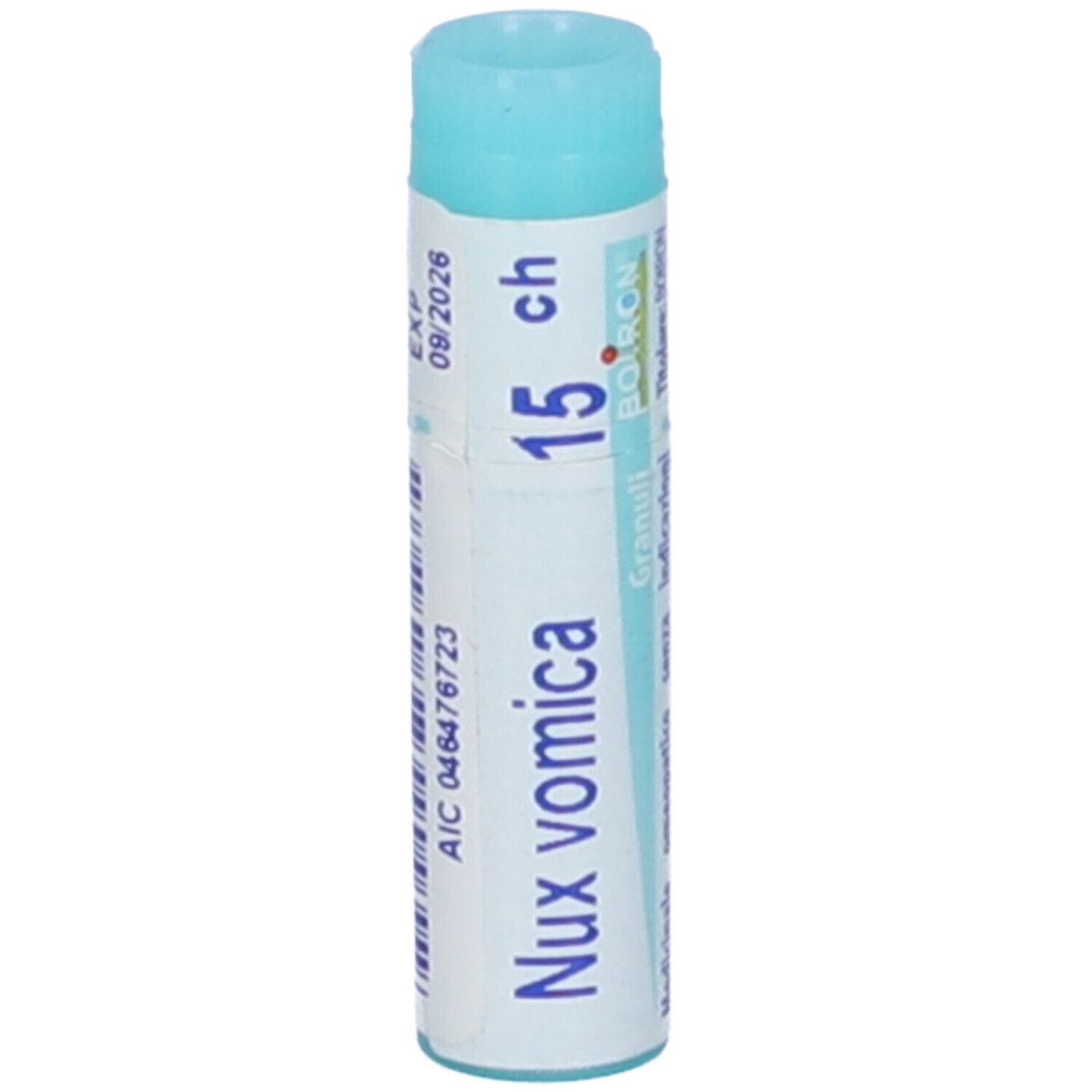 Contenitore blu. Scritta: Nux vomica, 15 ch, BOIRON, Granuli. Scadenza 09/2026.