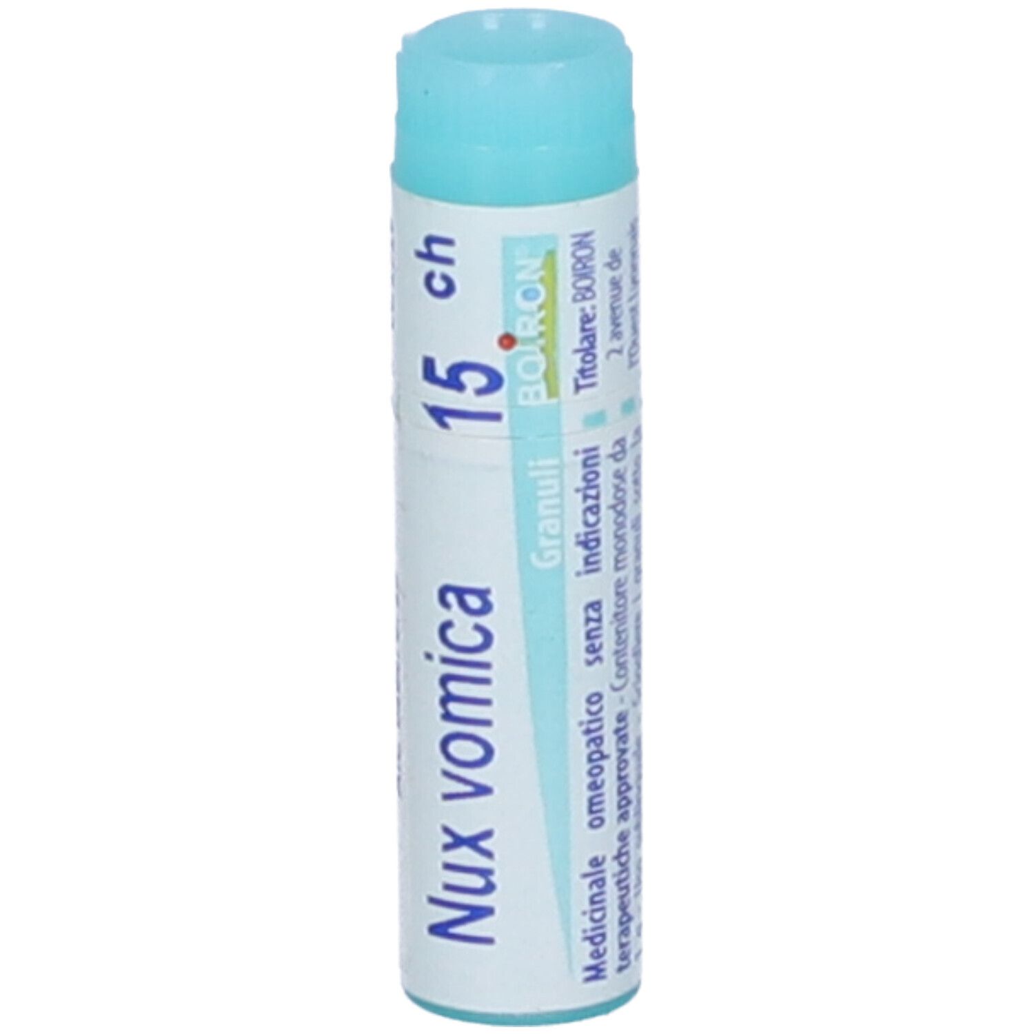 Contenitore blu. Scritta: Nux vomica, 15 ch, BOIRON, Granuli. Indirizzo.