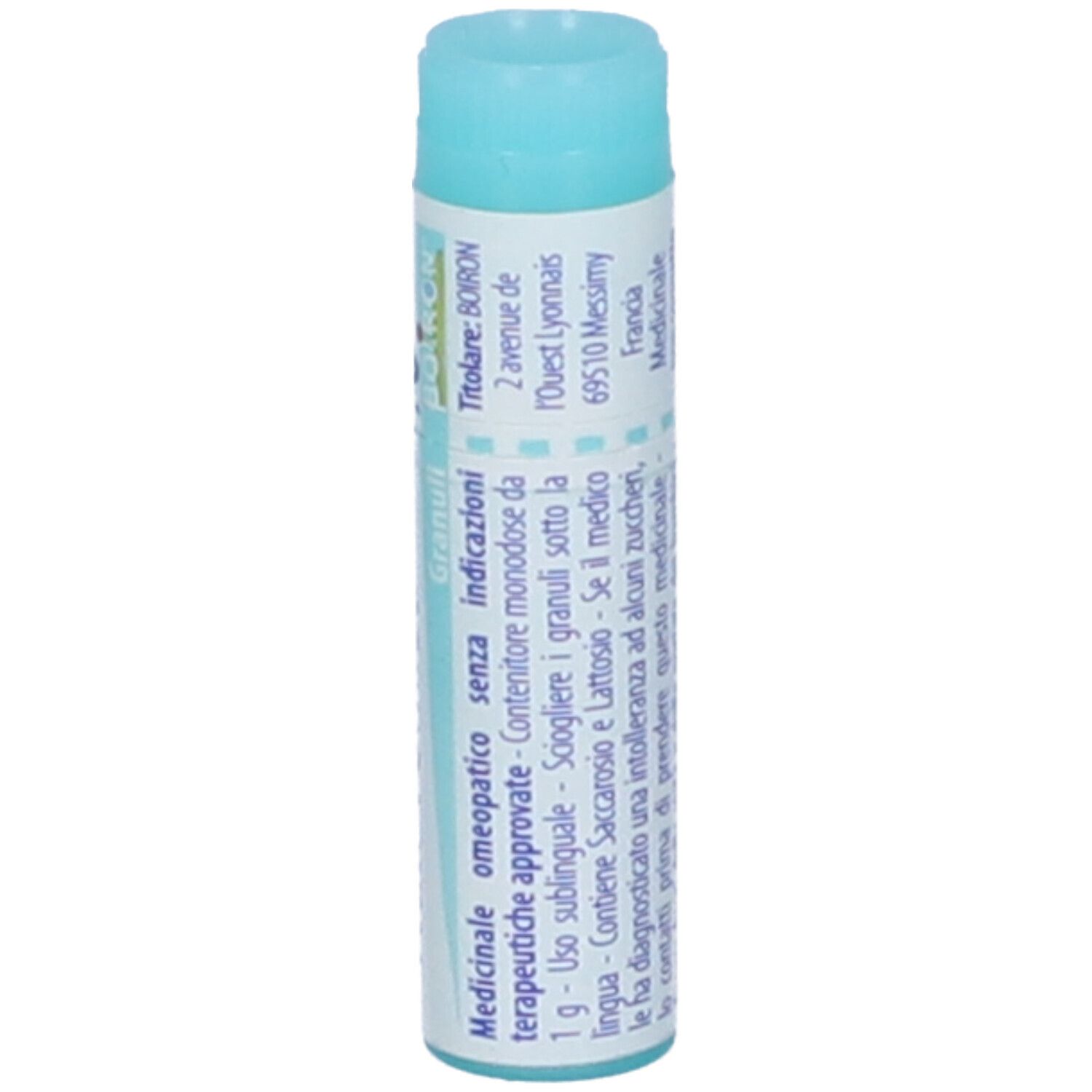 Contenitore blu. Scritta: Granuli, indicazioni, indirizzo, ingredienti.