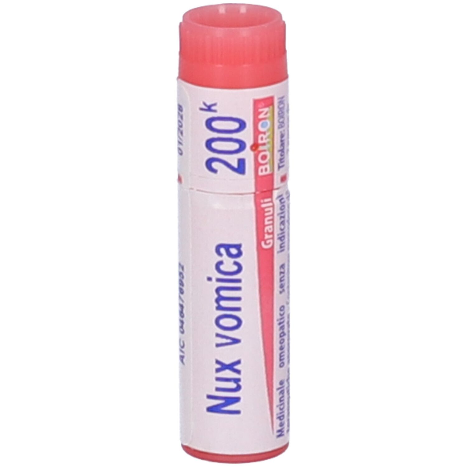 Tubo cilindrico. Scritte: Nux vomica, 200 K, BOIRON. Con tappo rosso. Dettagli e lotto.
