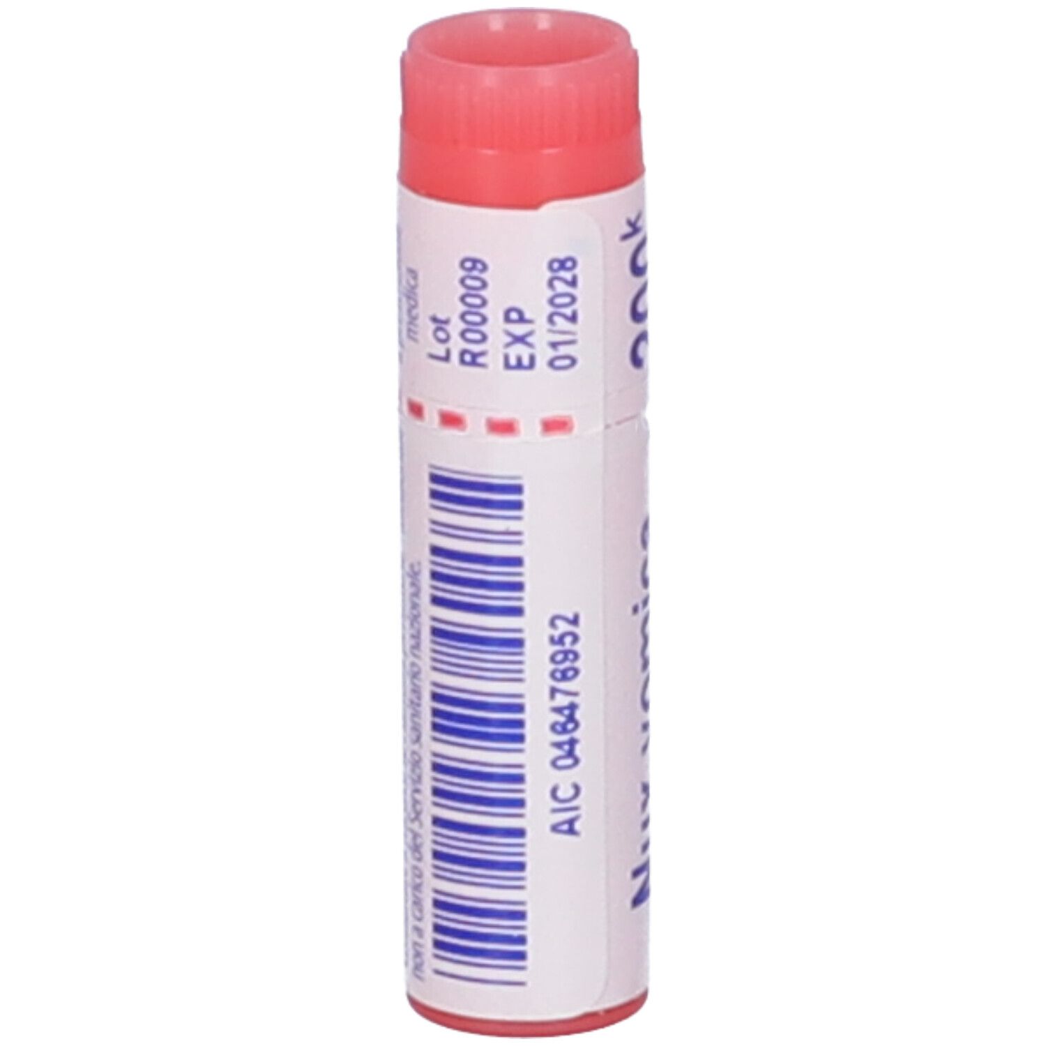 Tubo cilindrico. Scritte: Nux vomica, dettagli, lotto, scadenza. Tappo rosso.