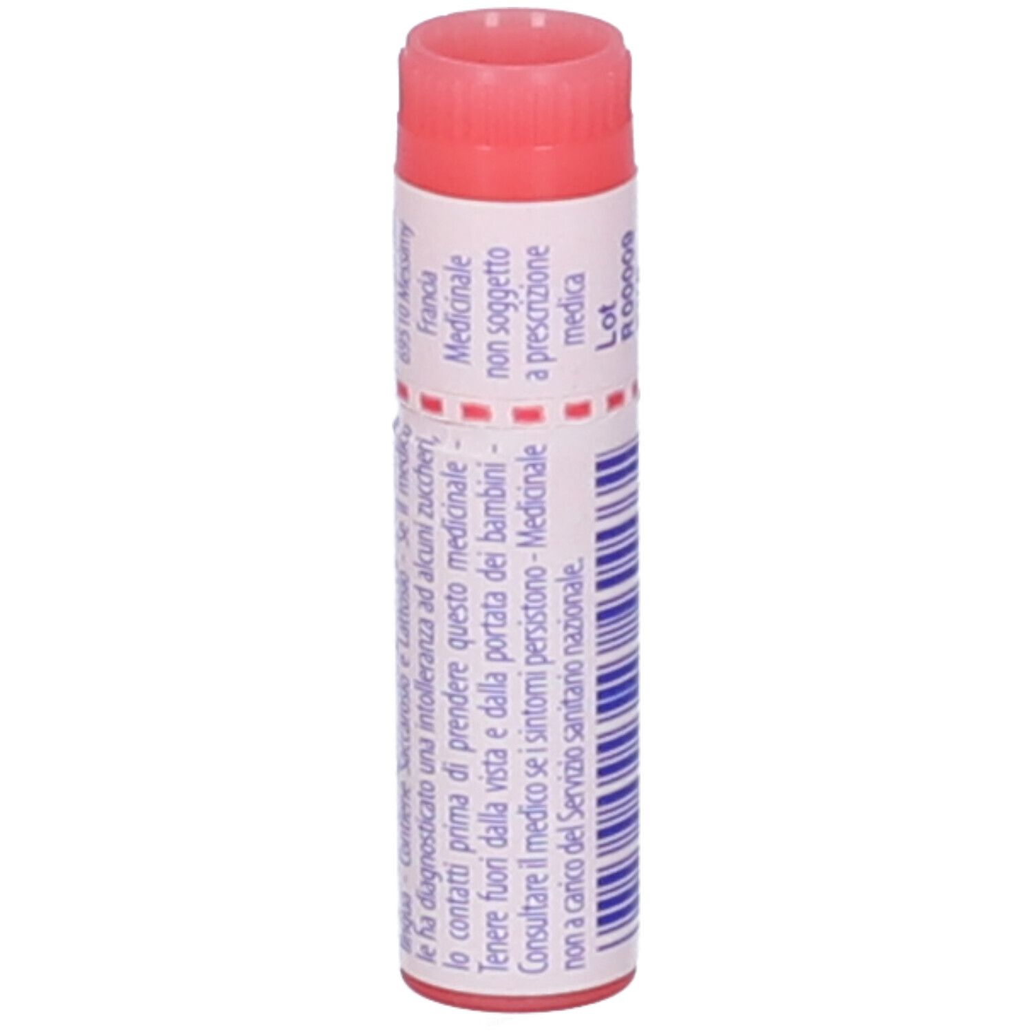 Tubo cilindrico. Scritte: dettagli, lotto, scadenza. Tappo rosso. Testo in francese.