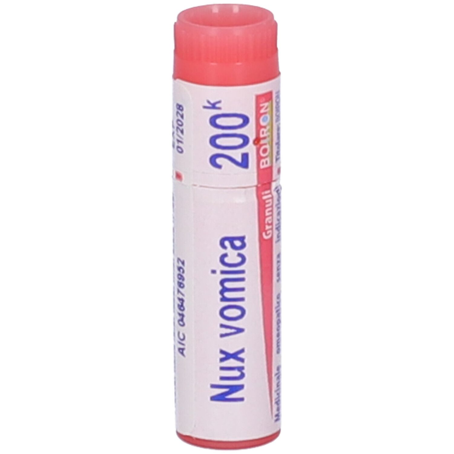 Tubo cilindrico. Scritte: Nux vomica, 200 K, BOIRON. Tappo rosso. Dettagli e lotto.