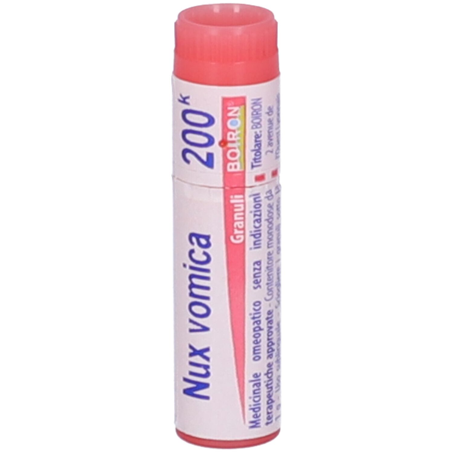 Tubo cilindrico. Scritte: Nux vomica, 200 K, BOIRON. Tappo rosso. Dettagli e lotto.