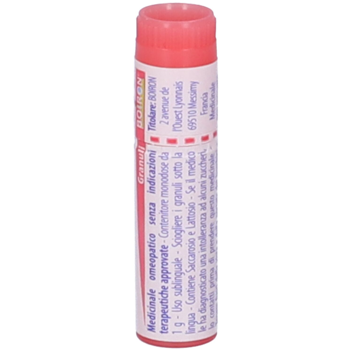 Tubo cilindrico. Scritte: BOIRON, Granuli, dettagli, indirizzo. Tappo rosso. Testo in francese.