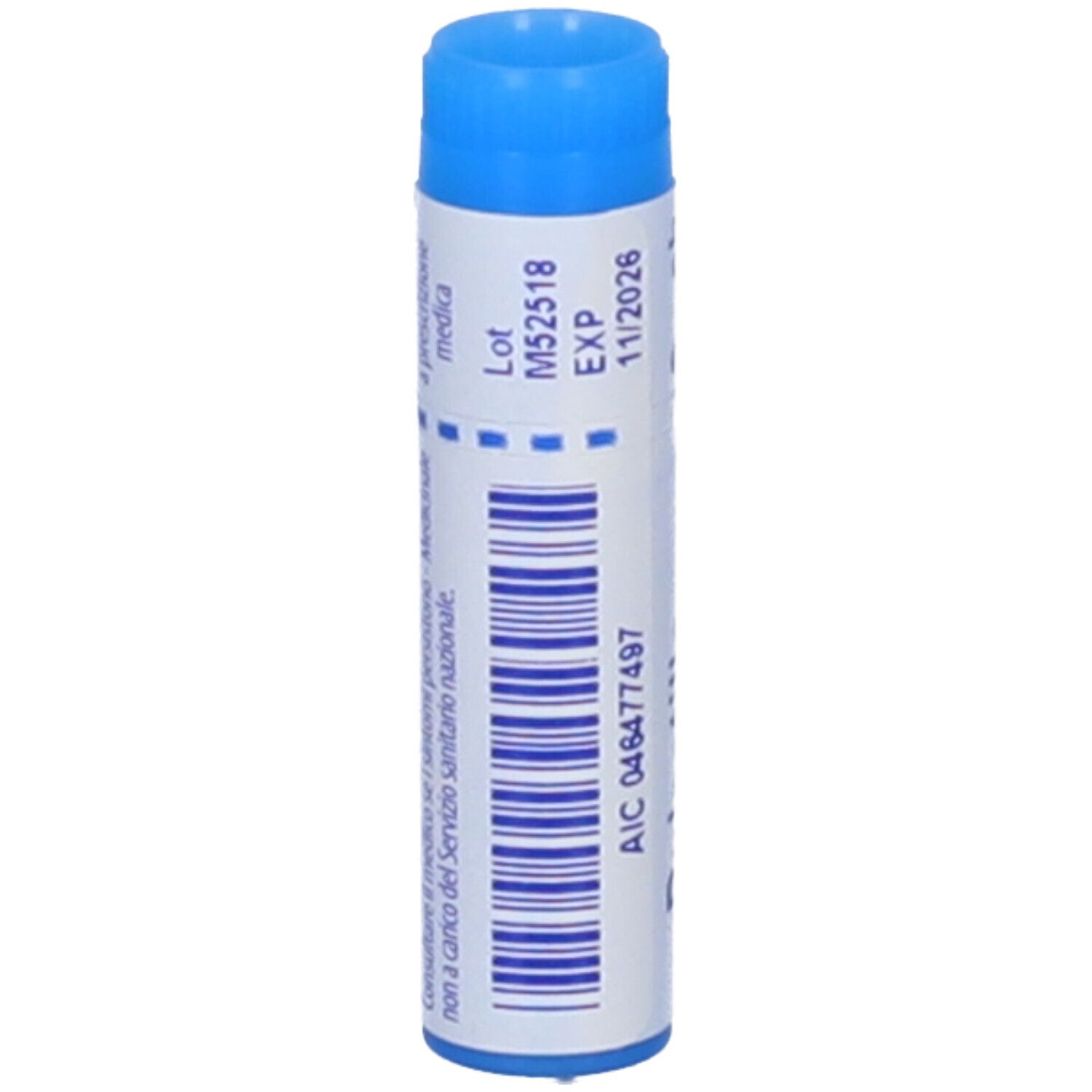 Confezione cilindrica. Tappo blu. Codice a barre e testo: "EXP 11/2026", "AIC 046477497".