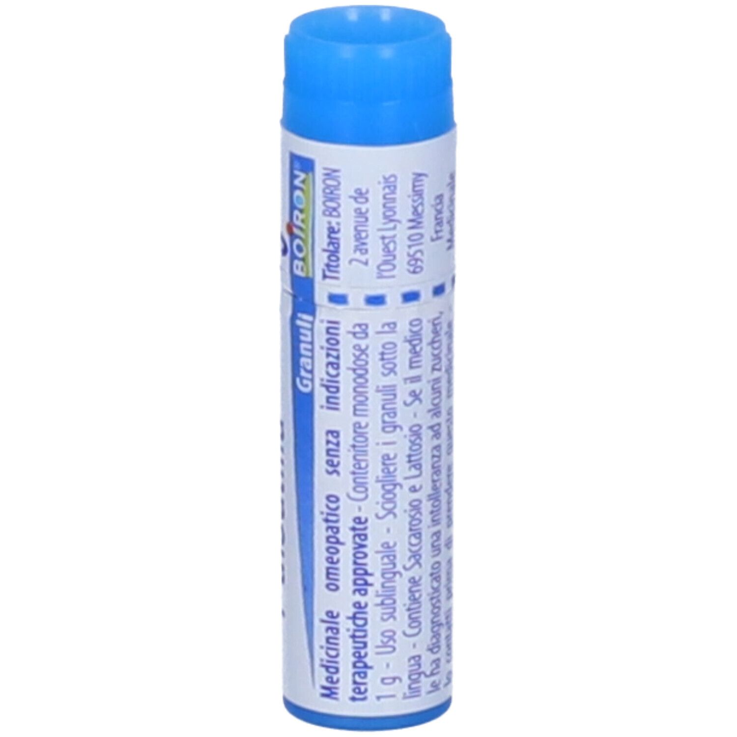 Confezione cilindrica. Tappo blu. Testo: "BOIRON", indirizzo. Testo: "Medicinale omeopatico".