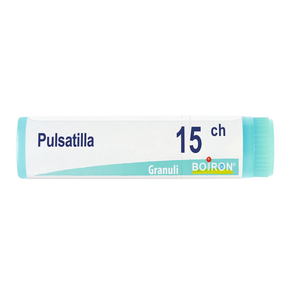 Confezione cilindrica 'Pulsatilla 15 ch Granuli'. Tappo blu, corpo bianco, scritta verde. Marchio BOIRON.