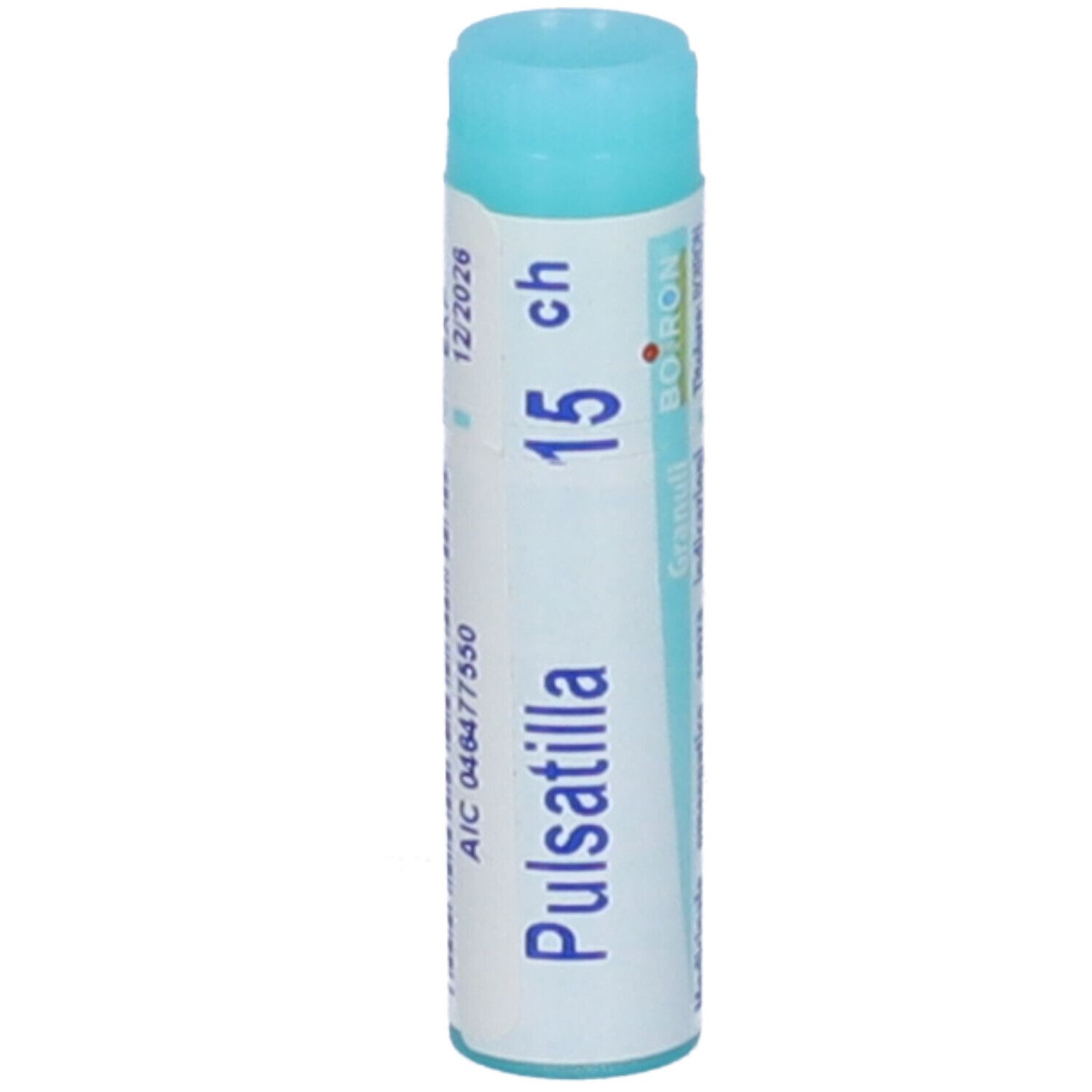 Confezione cilindrica 'Pulsatilla 15 ch'. Tappo blu, corpo bianco. Stampa con scadenza e codice AIC.