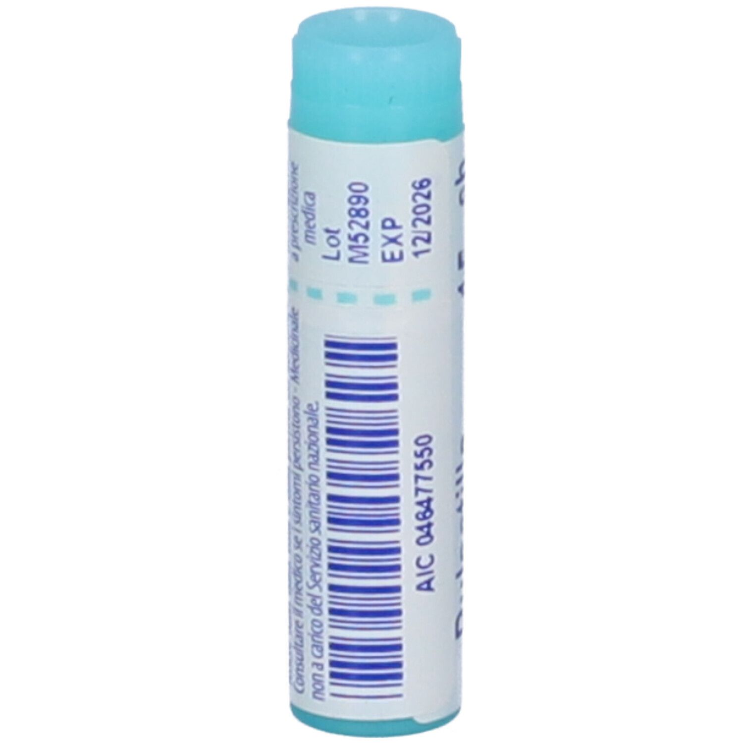 Confezione cilindrica. Tappo blu, corpo bianco. Codice a barre e informazioni uso medico.