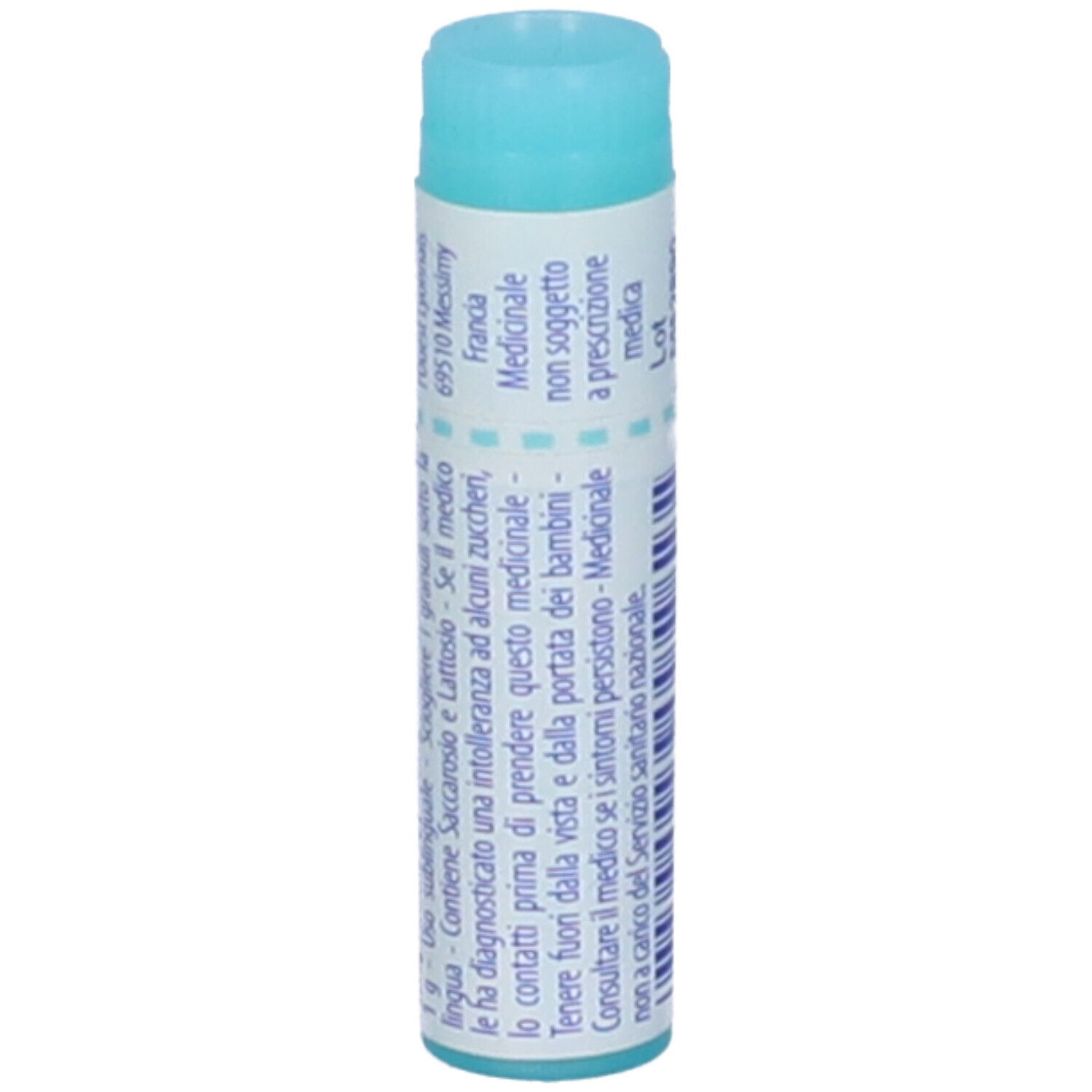Confezione cilindrica. Tappo blu, corpo bianco. Informazioni uso medico e produttore.
