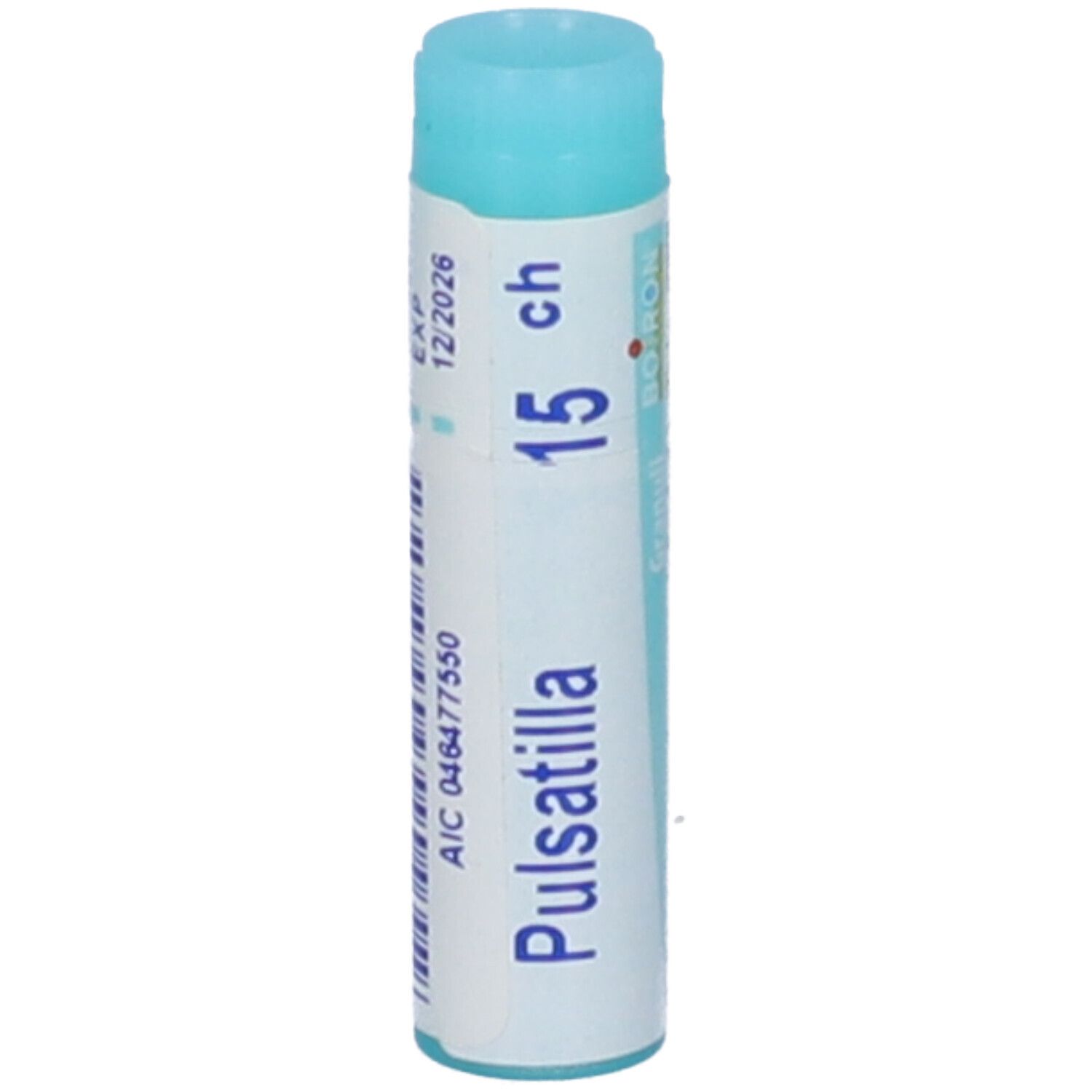 Confezione cilindrica 'Pulsatilla 15 ch'. Tappo blu, corpo bianco. Stampa con scadenza e codice AIC.