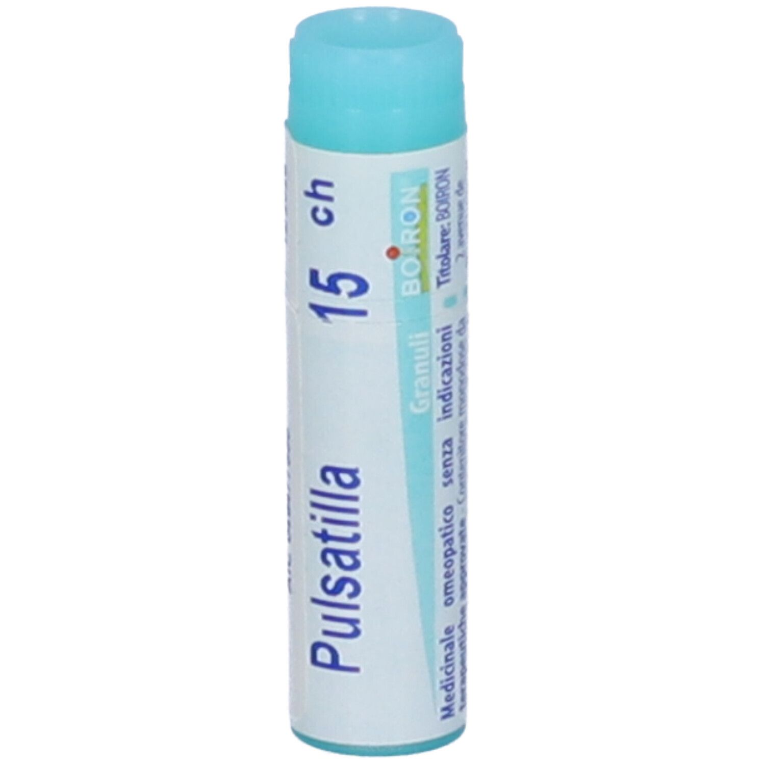 Confezione cilindrica 'Pulsatilla 15 ch'. Tappo blu, corpo bianco. Marchio BOIRON, Granuli.