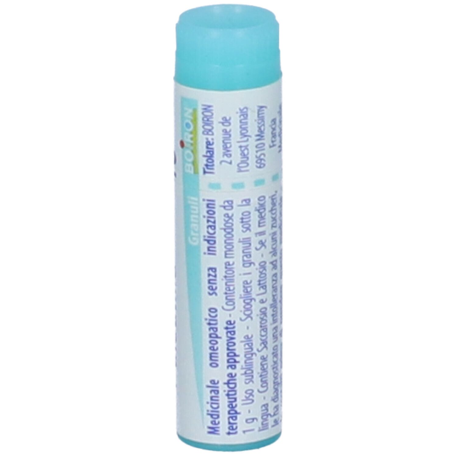 Confezione cilindrica. Tappo blu, corpo bianco. Informazioni uso medico e produttore.