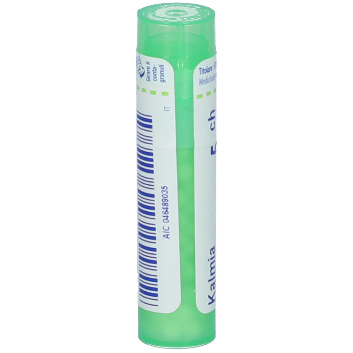 Confezione cilindrica verde. Scritta: Kalmia, 5 ch. Codice a barre e altre informazioni.