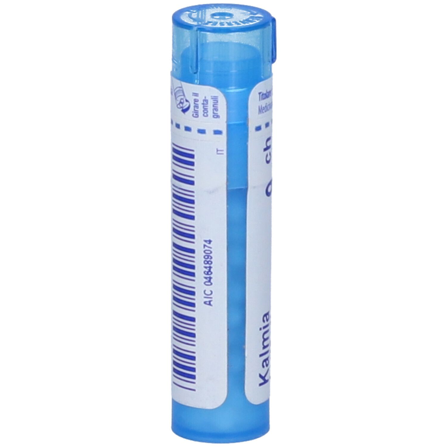 Contenitore cilindrico blu. Scritta: Kalmia, 9 ch. Codice a barre e info su etichetta bianca.