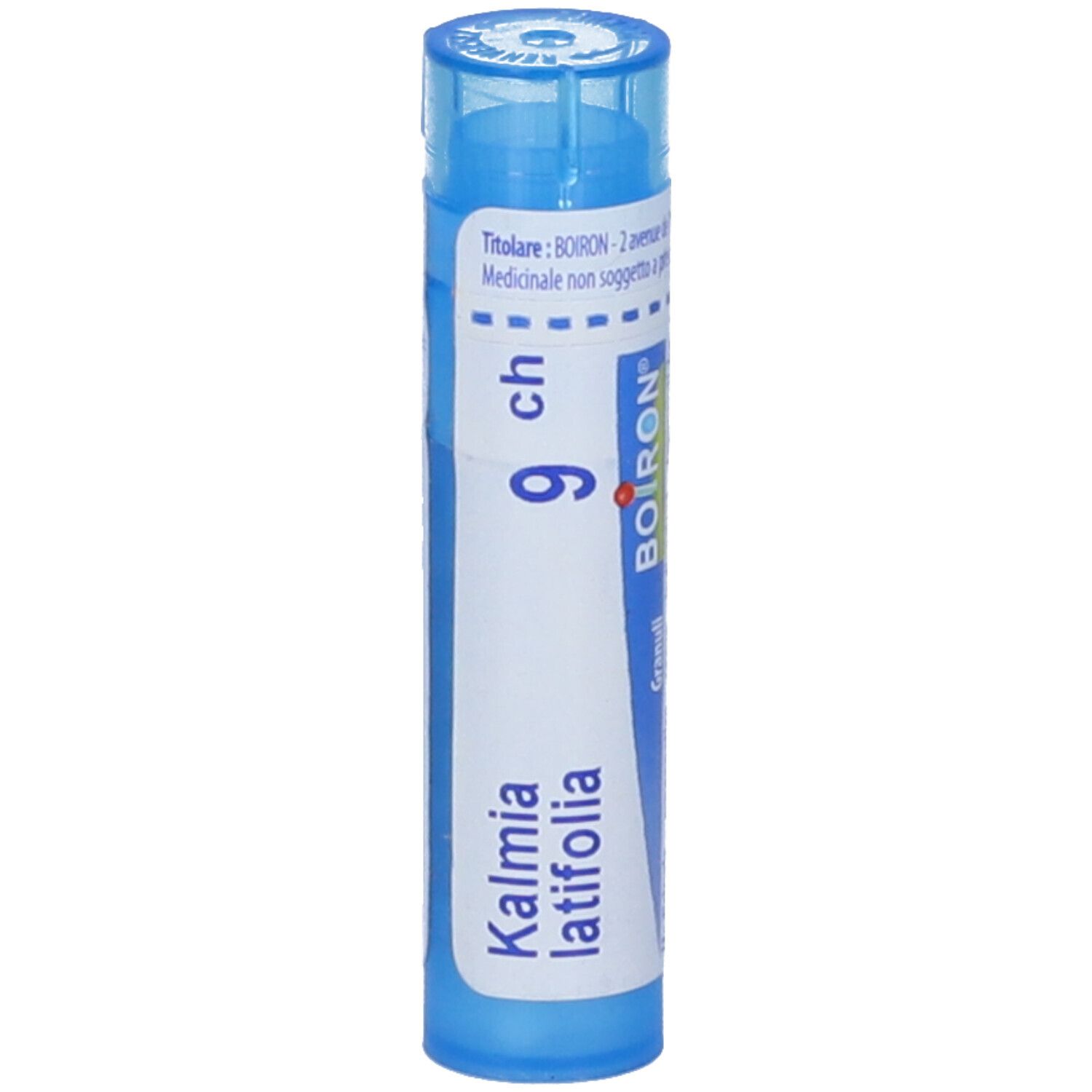 Contenitore cilindrico blu. Scritta: Kalmia, 9 ch. Info e numero di lotto su etichetta.