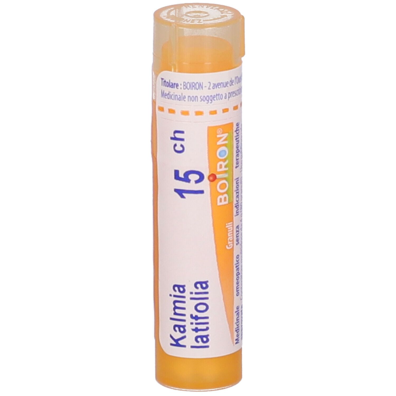 Confezione cilindrica arancione con testo bianco. Contiene nome prodotto, dosaggio e logo Boiron.