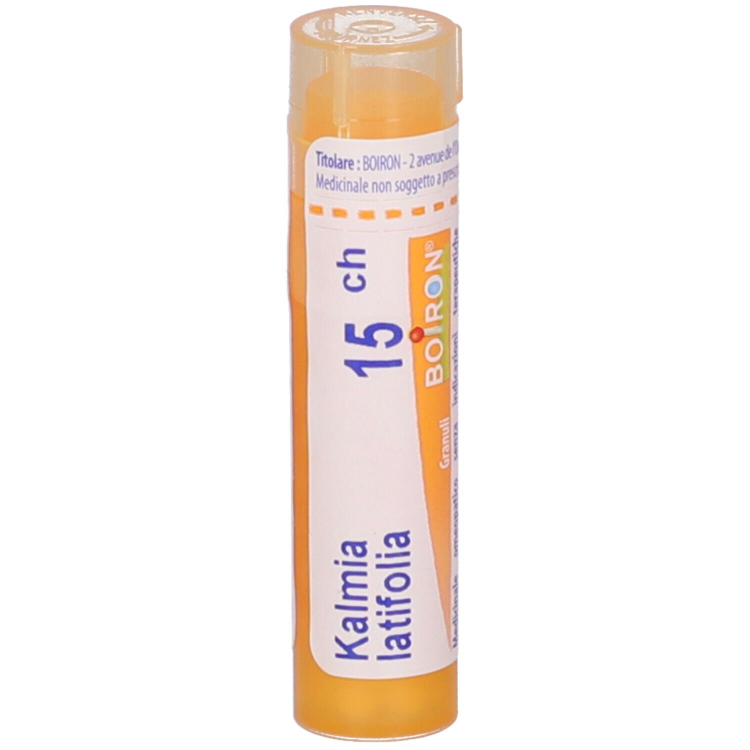 Confezione cilindrica arancione con testo bianco. Contiene nome prodotto, dosaggio e logo Boiron.