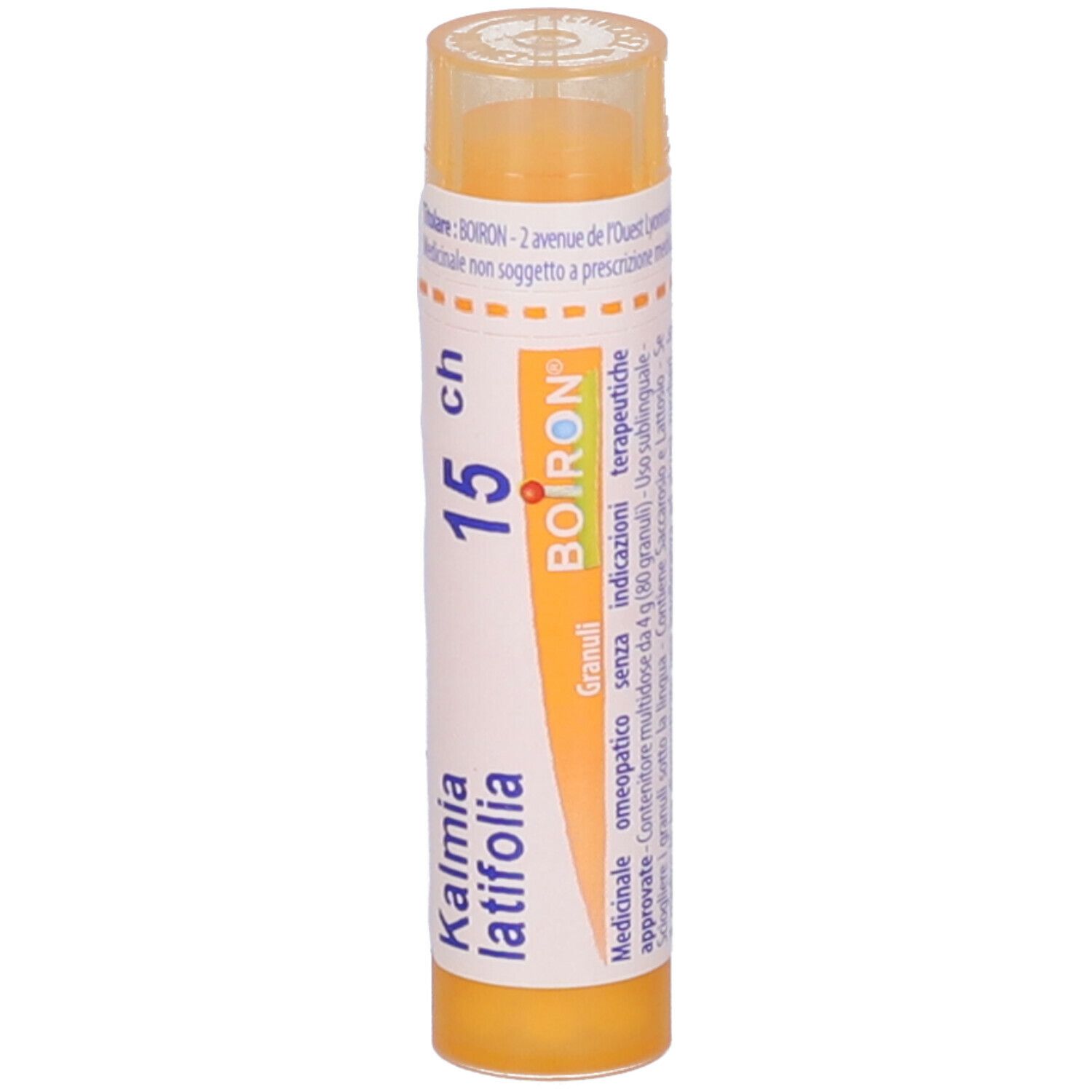 Confezione cilindrica arancione con testo bianco. Contiene nome prodotto, dosaggio e logo Boiron.
