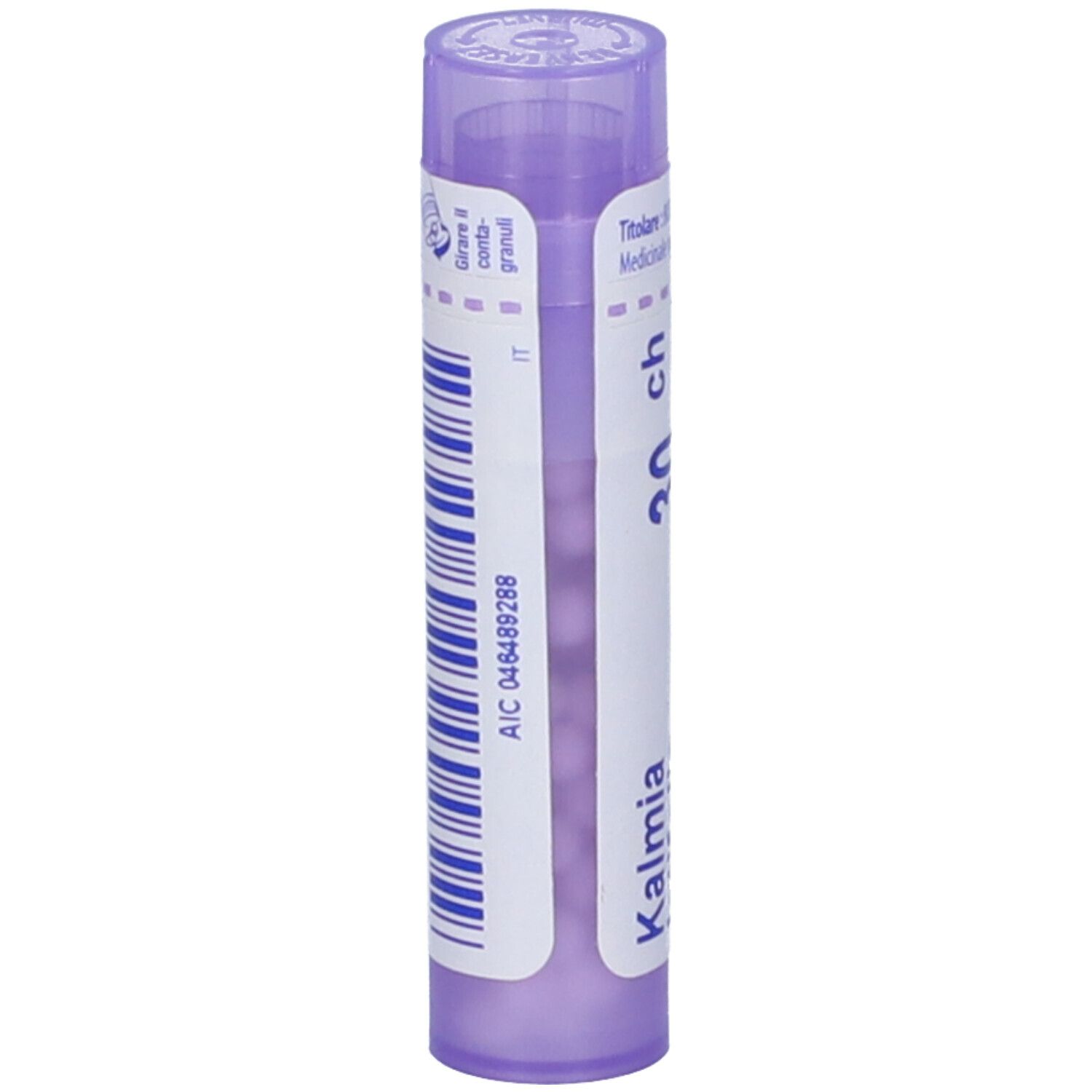 Confezione cilindrica viola. Scritta: Kalmia, 30 ch. Etichetta con codice a barre e codice IT.