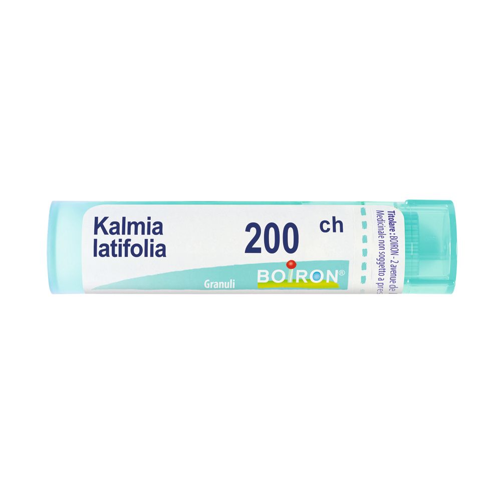 Confezione cilindrica con tappo blu. Scritta: Kalmia latifolia, 200 ch, Granuli, BOIRON.