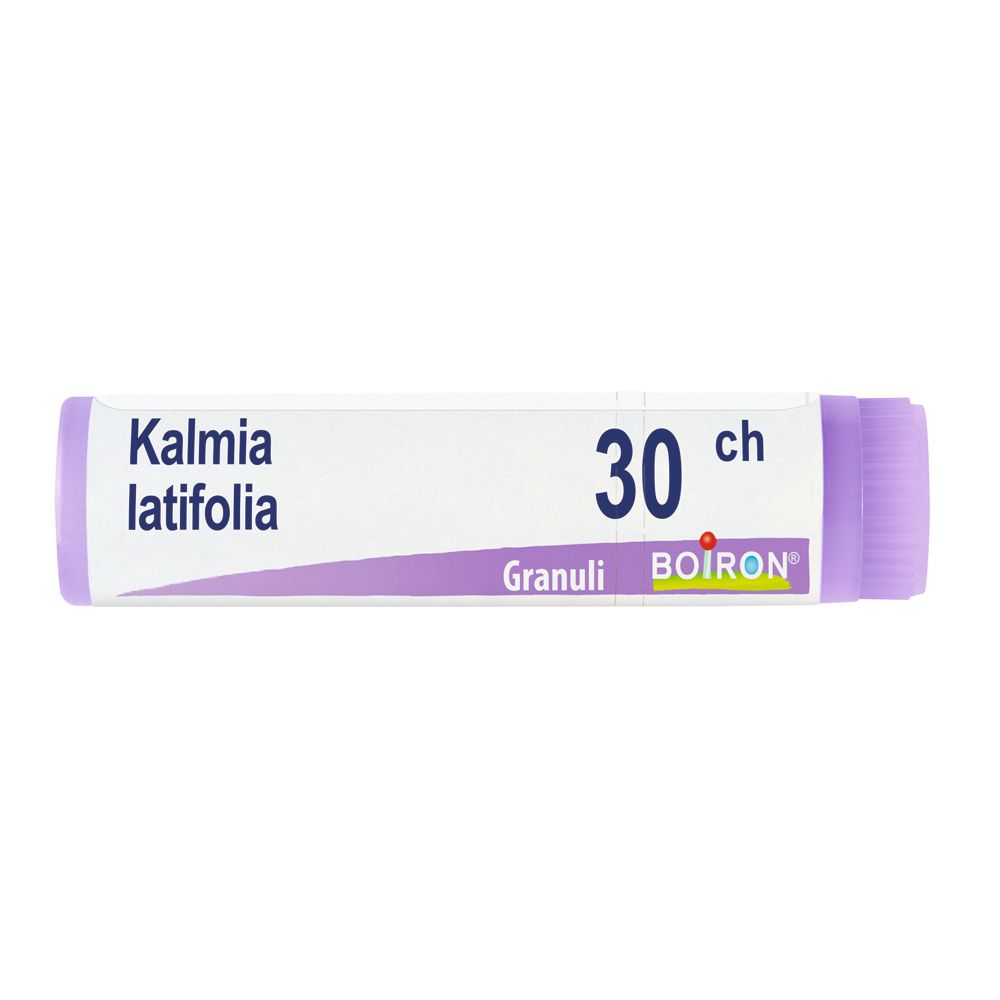 Confezione cilindrica con tappo viola. Scritta: Kalmia latifolia, 30 ch, Granuli, Boiron.