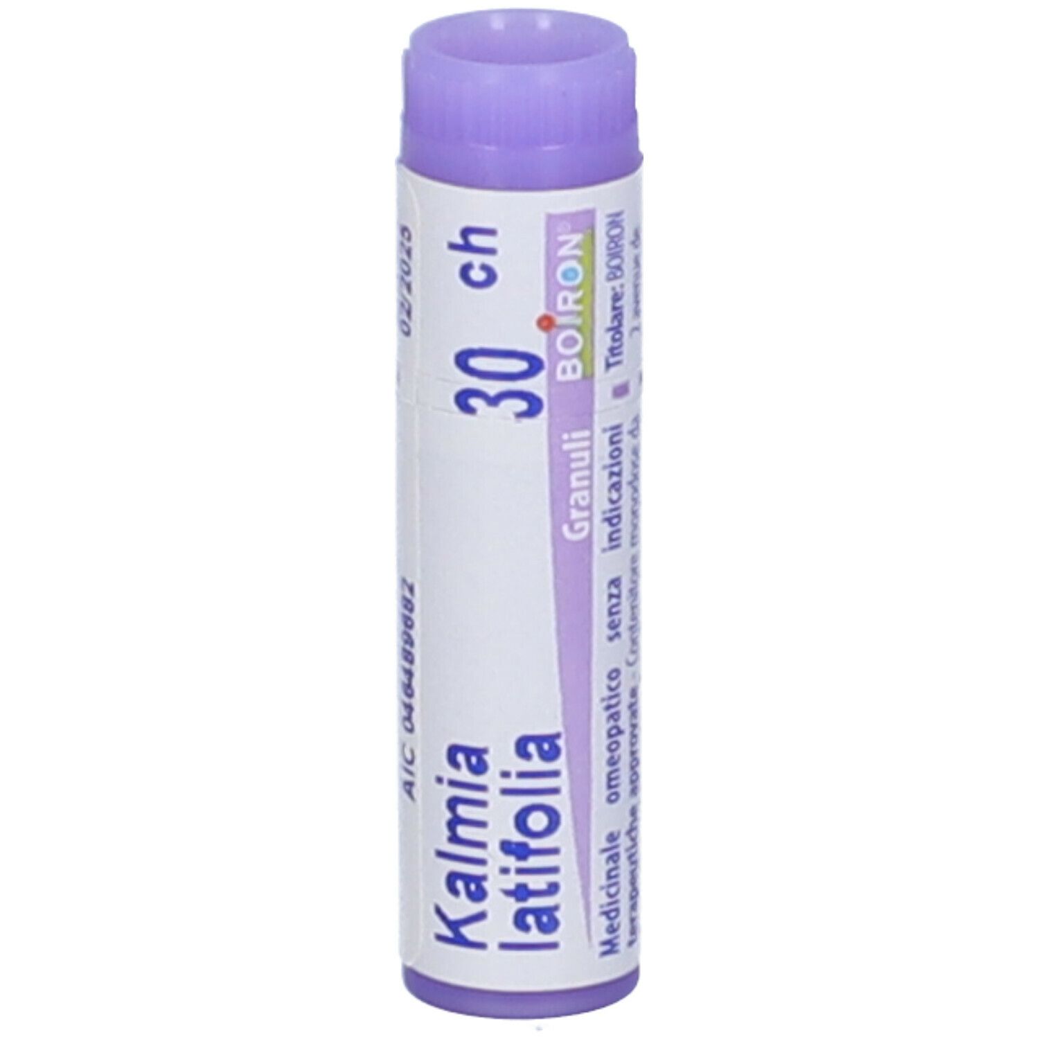 Confezione cilindrica con tappo viola. Scritta: Kalmia, 30 ch. Testo e codice a barre.