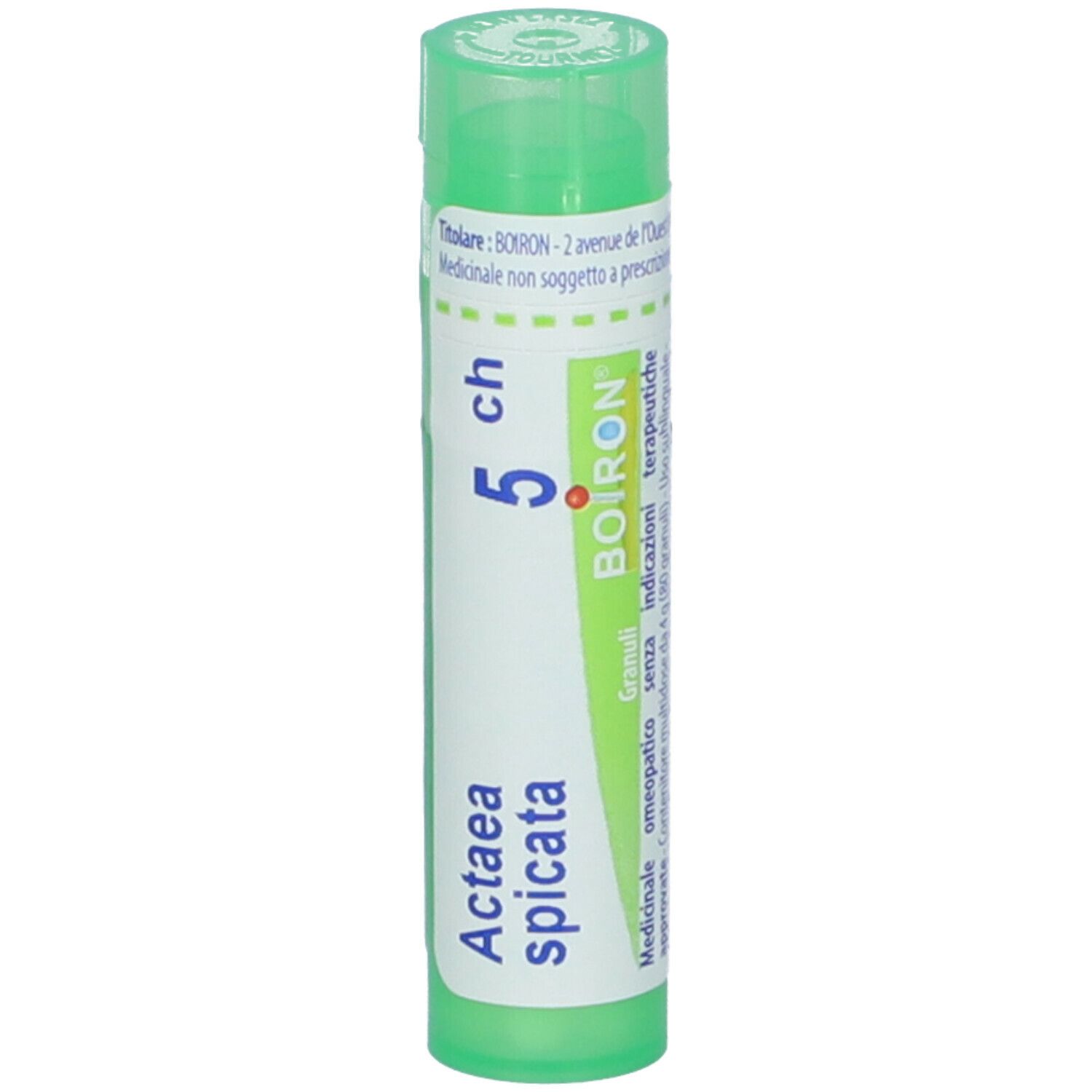 Confezione cilindrica verde con etichetta bianca. Scritto: Actaea spicata, 5 ch, BOIRON. Granuli.