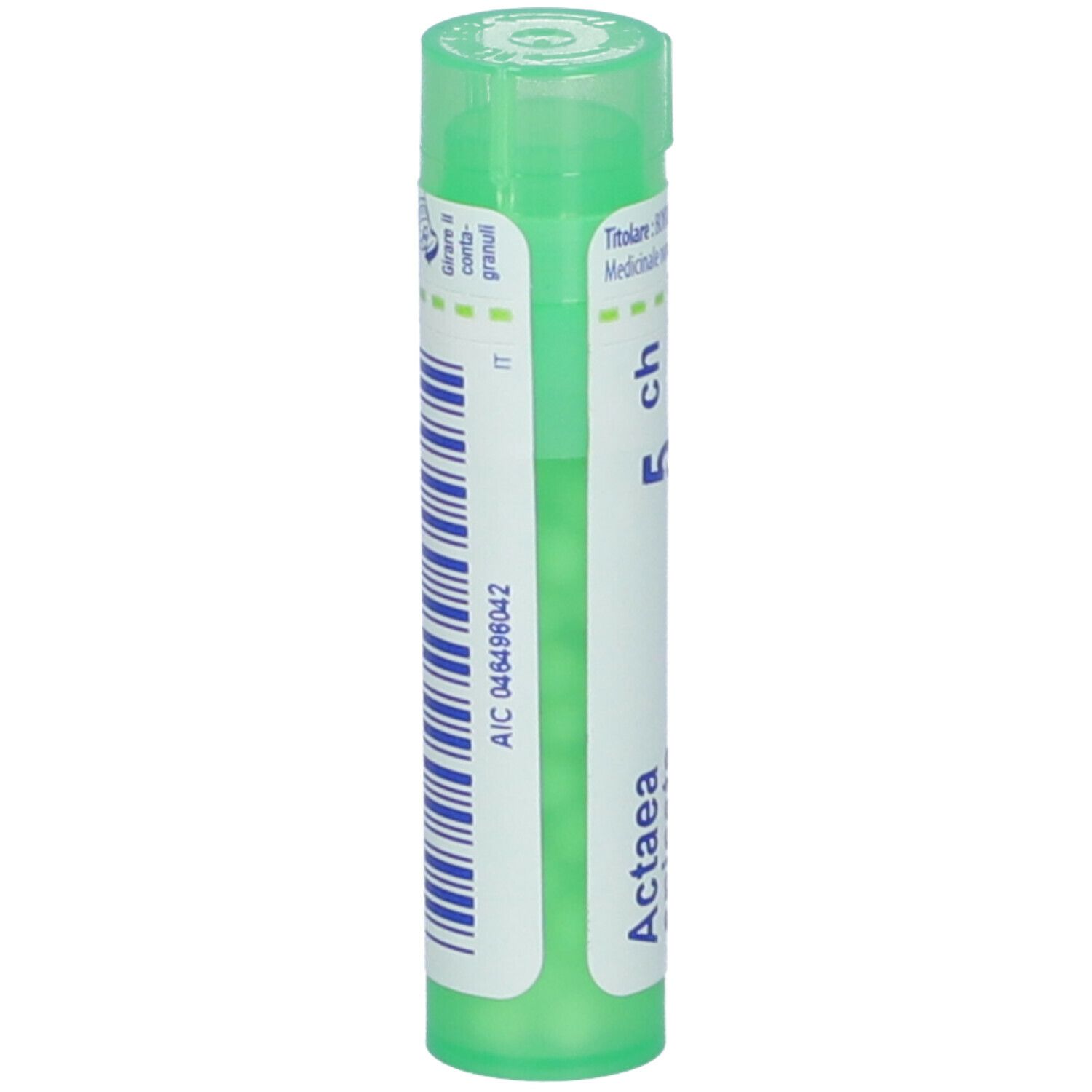 Confezione cilindrica verde con etichetta bianca e codice a barre. Scritto: Actaea, 5 ch. Granuli.