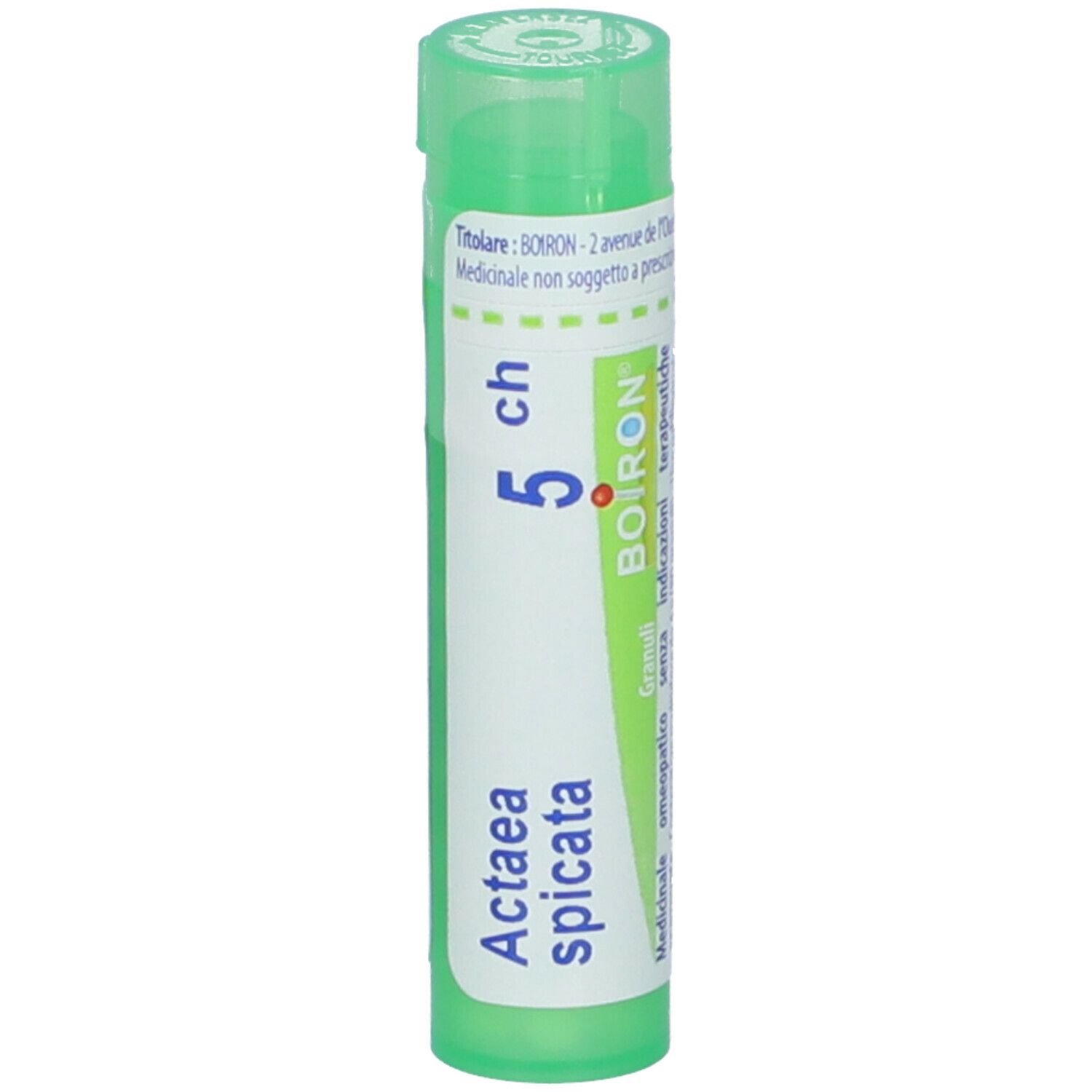Confezione cilindrica verde con etichetta bianca. Scritto: Actaea spicata, 5 ch, BOIRON. Granuli.
