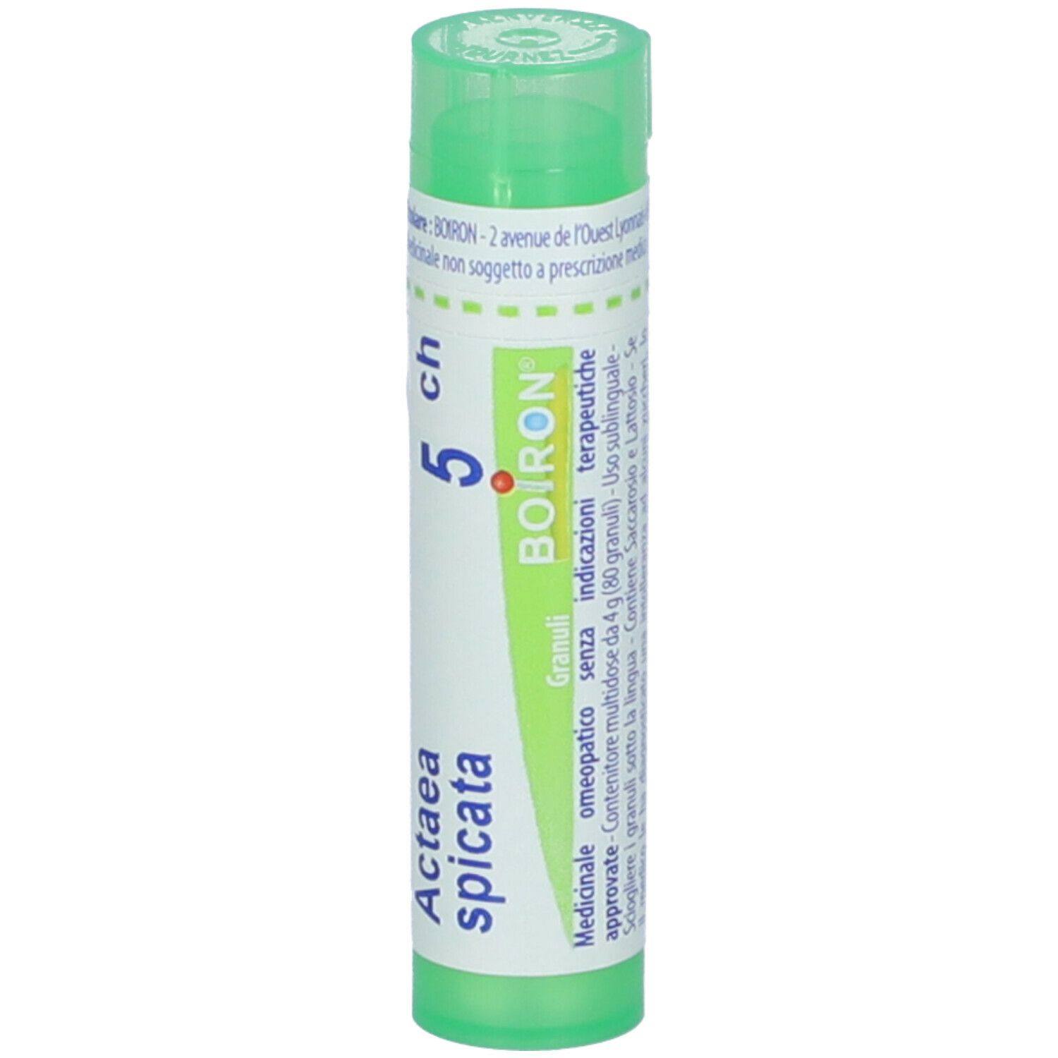 Confezione cilindrica verde con etichetta bianca. Scritto: Actaea spicata, 5 ch, BOIRON. Granuli.